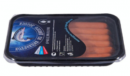 Сосиски рыбные лососевые (из семги) варено-копченые охлажденные